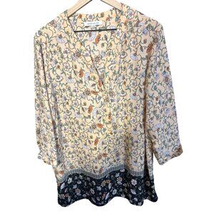 Rose + Olive Womens Floral Print V-Neck Blouse Top 2X Beige Multi-Color Lightwei